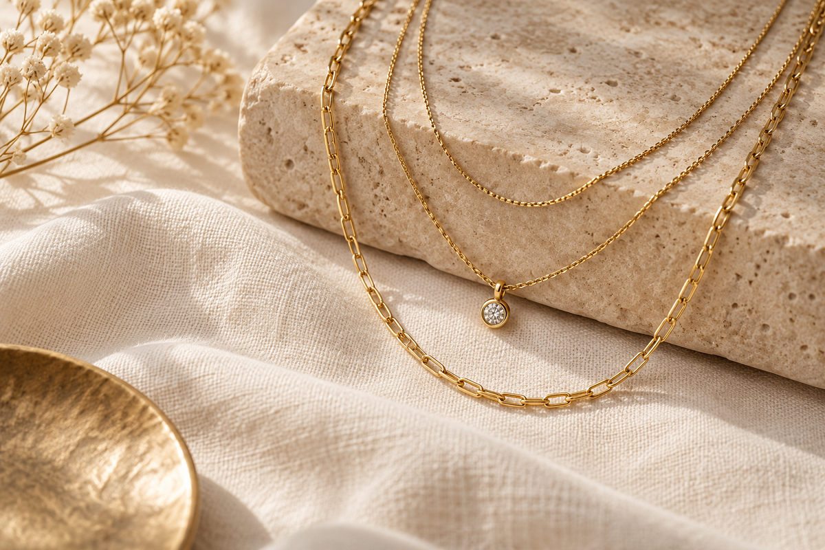 Editorial illustration of three gold necklaces in different lengths on ivory linen and beige stone
