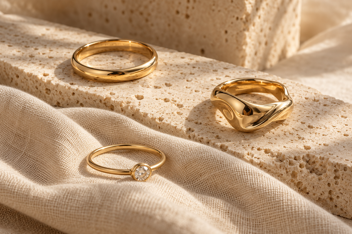 Editorial illustration of three gold rings on ivory linen and cream stone