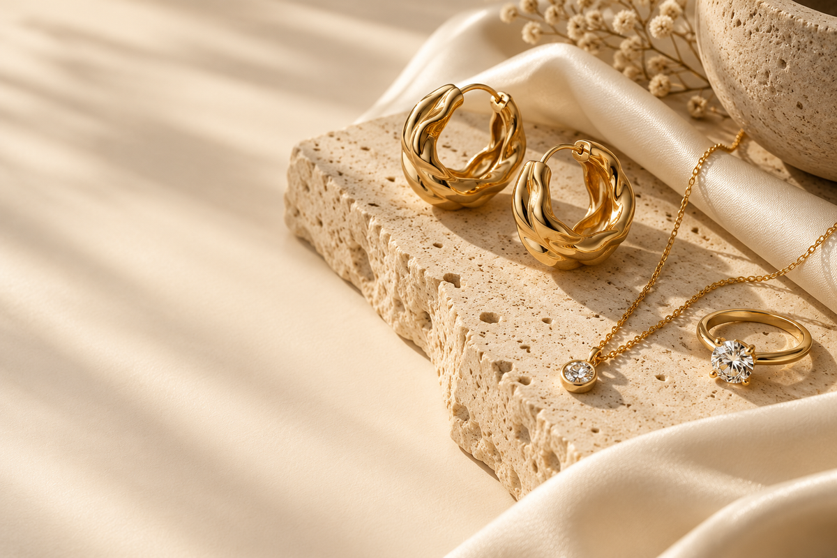 Editorial illustration of gold earrings, a pendant necklace and ring on ivory silk and travertine