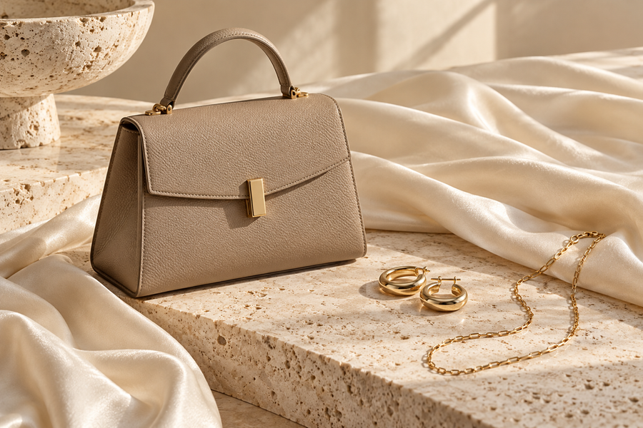 Illustrative styling scene with a taupe handbag and gold-tone jewellery