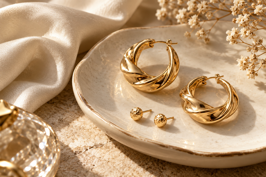Editorial illustration of sculptural gold hoops and small gold studs on an ivory ceramic dish