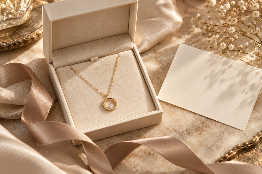 Editorial illustration of a gold pendant necklace in a cream gift box with a taupe ribbon
