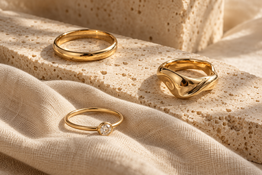 Editorial illustration of three gold rings on ivory linen and cream stone
